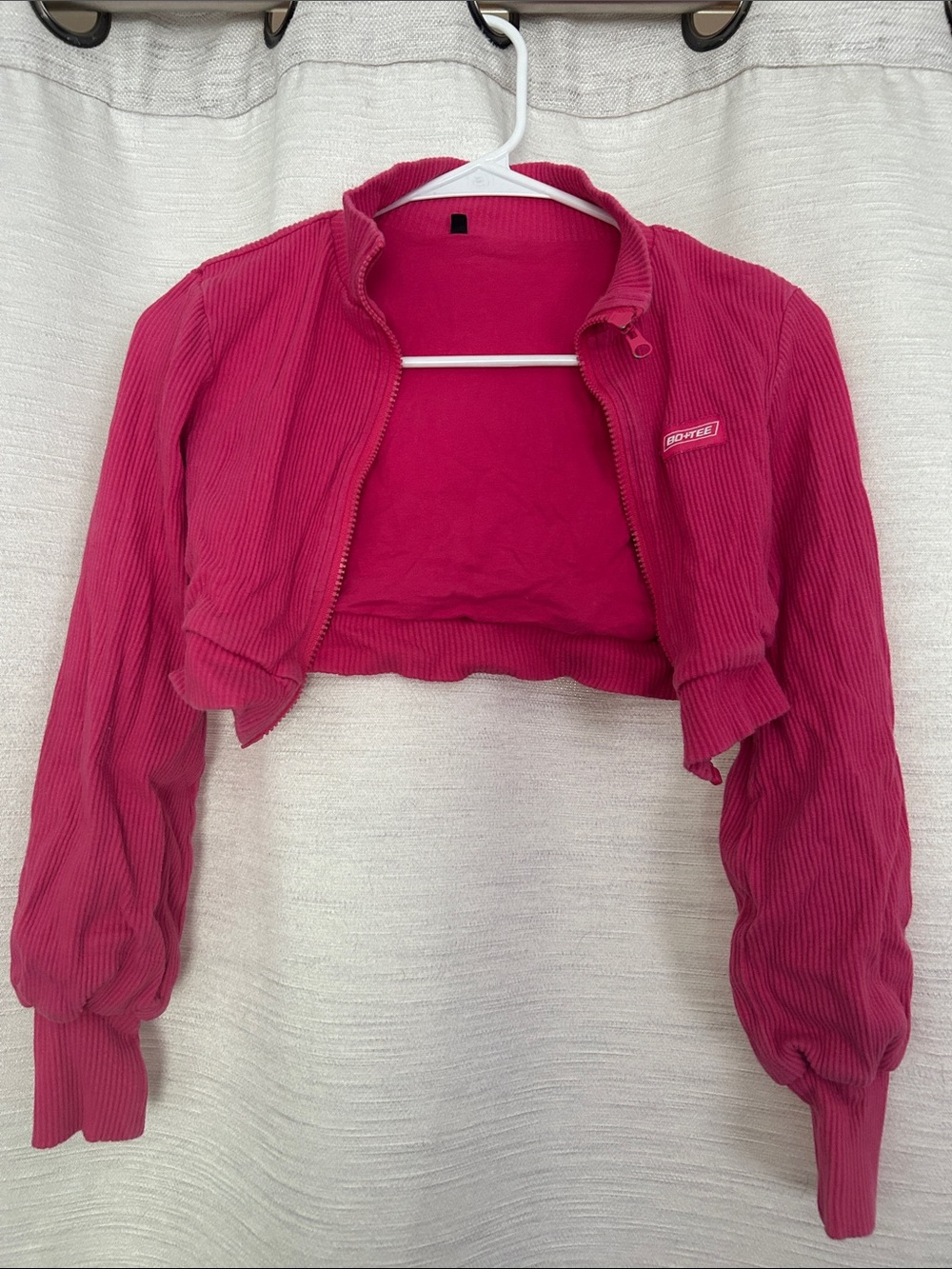 Crop Ribbed Zip Jacket in Bright Pink